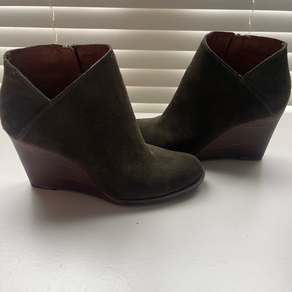 Lucky Brand army green wedge booties.